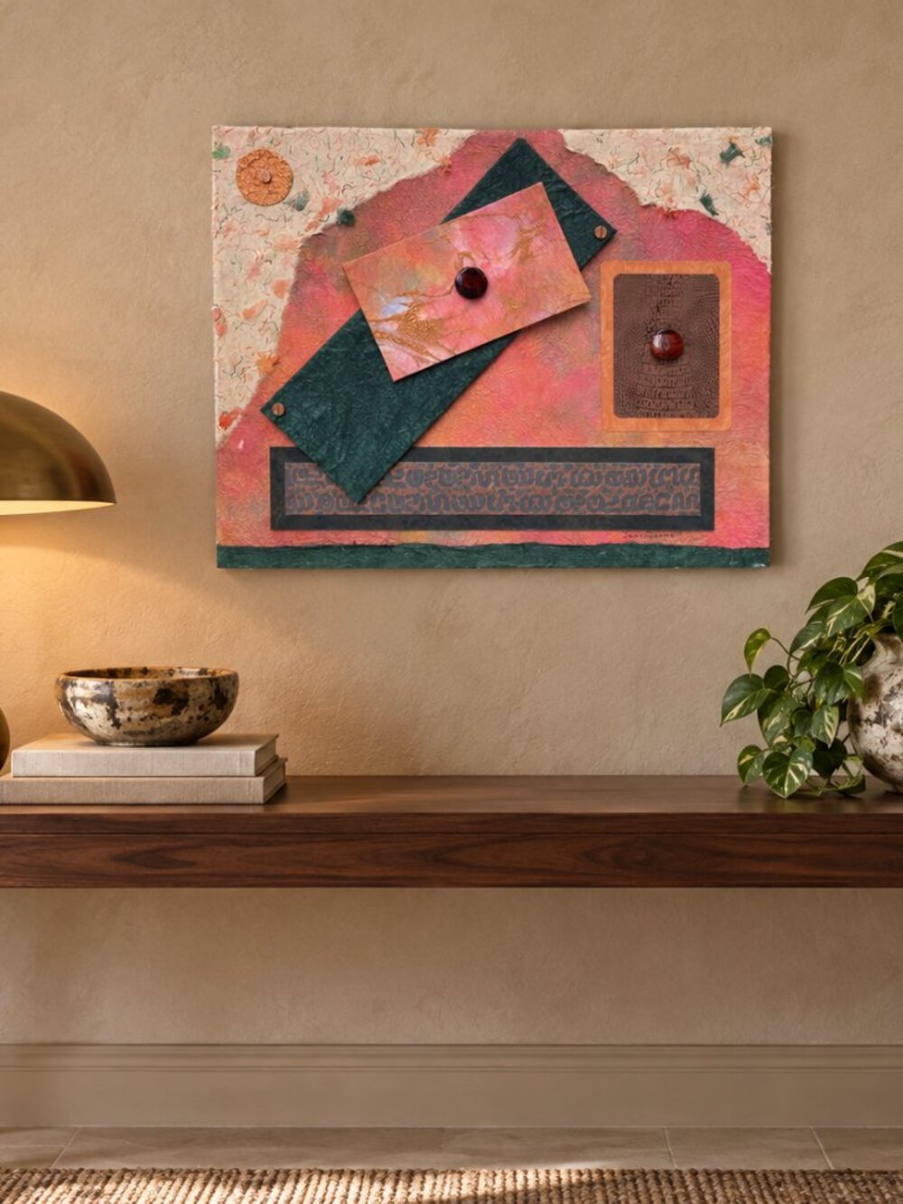 Abstract Paper Collage Ancient Script Wall Art Coral Green Copper Tone Cabochons